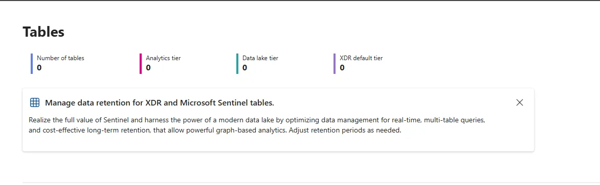 Empty Data Lake state showing 0 tables in each tier before enablement
