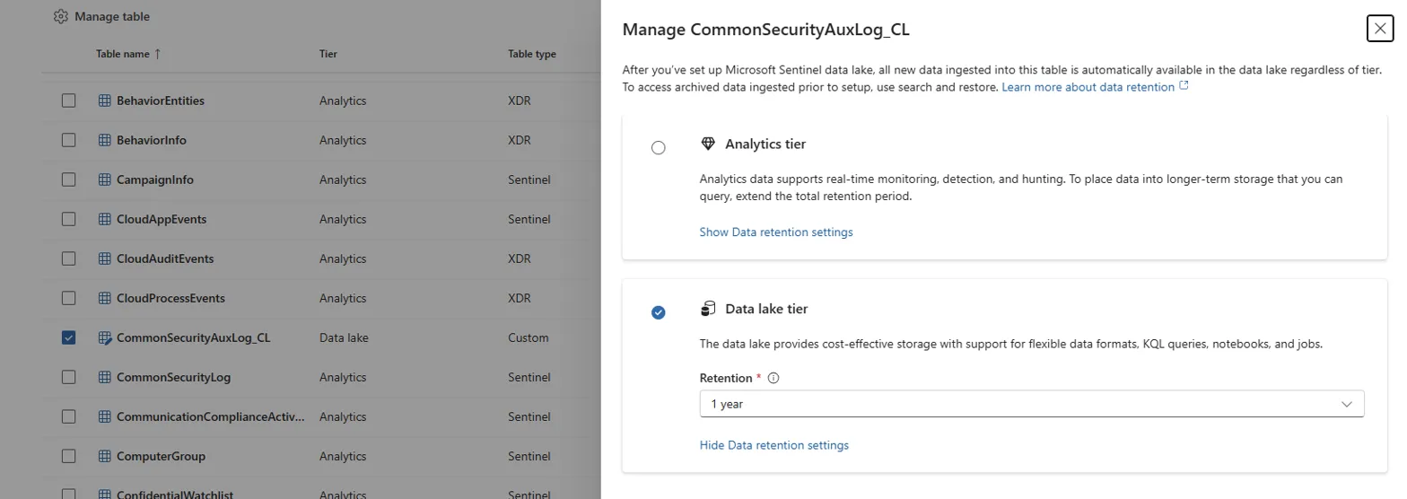 Data Lake tier management interface showing automatic mirroring options