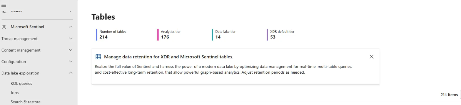 Sentinel Tables Overview showing 214 total tables with distribution across tiers